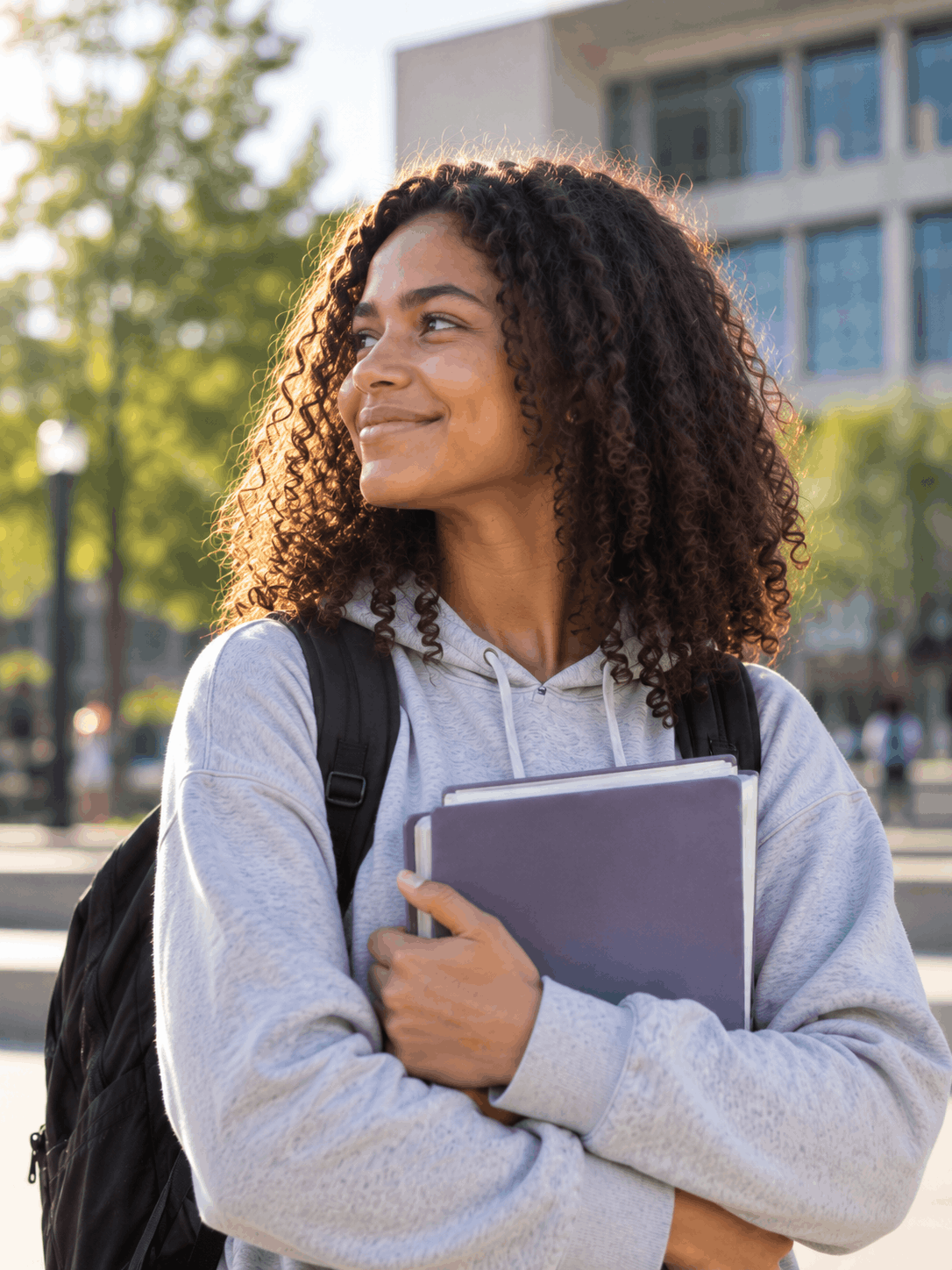 A high school senior carrying textbooks and smiling on campus